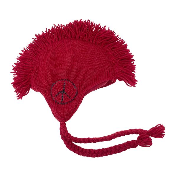 Nirvanna Designs Wool Hat Handmade in Nepal Mohawk Red Stitched Peace Sign - Picture 1 of 4